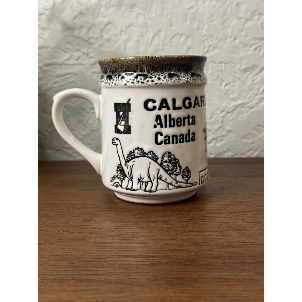VTG SOUVENIR ART POTTERY CALGARY TOWER DINOSAUR COWBOY STONEWARE COFFEE CUP